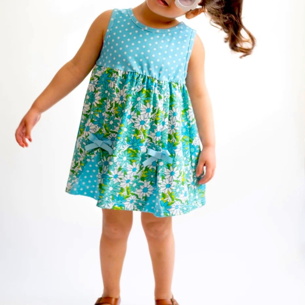 Blue Flower Power and Polka Dot Dress for Baby and Toddler Girls
